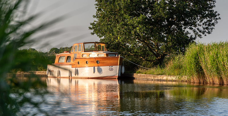 A classic wooden cruiser with a white hull and varnished wood cabin glides along a calm river. The boat is surrounded by lush greenery, with trees reflecting on the water. In the foreground, a narrow footpath leads to the river's edge, framed by tall grasses and flowering plants. A small wooden sign is visible near the path.